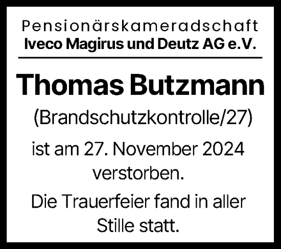 Traueranzeige von Thomas Butzmann von Illertisser Zeitung, Günzburger Zeitung, Neu-Ulmer Zeitung