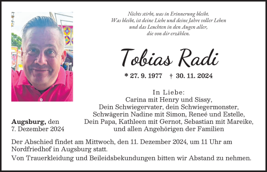 Traueranzeige von Tobias Radi von Augsburger Allgemeine