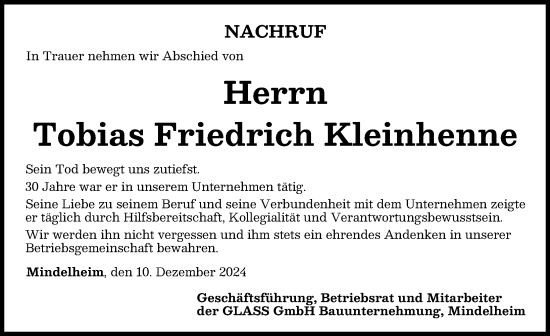 Traueranzeige von Tobias Friedrich Kleinhenne von Mindelheimer Zeitung