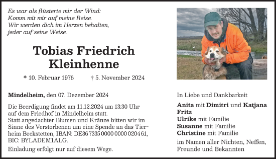 Traueranzeige von Tobias Friedrich Kleinhenne von Mindelheimer Zeitung