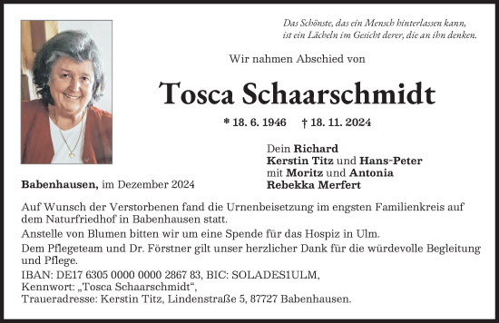Traueranzeige von Tosca Schaarschmidt von Illertisser Zeitung