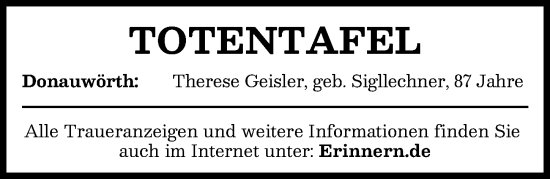 Traueranzeige von Totentafel vom 04.12.2024 von Aichacher Nachrichten