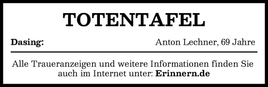 Traueranzeige von Totentafel vom 07.12.2024 von Aichacher Nachrichten