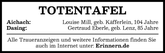 Traueranzeige von Totentafel vom 14.12.2024 von Aichacher Nachrichten