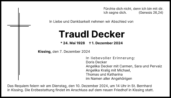 Traueranzeige von Traudl Decker von Augsburger Allgemeine