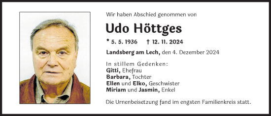 Traueranzeige von Udo Höttges von Landsberger Tagblatt