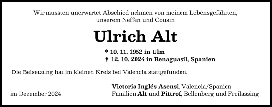 Traueranzeige von Ulrich Alt von Illertisser Zeitung