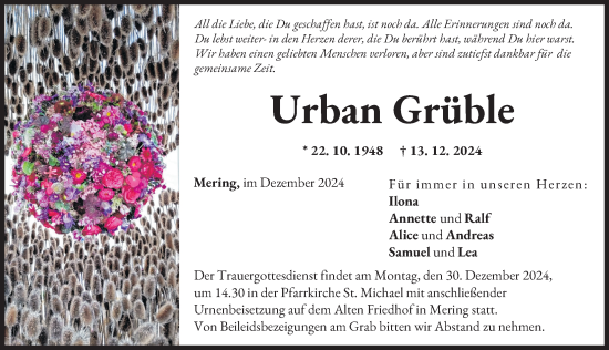 Traueranzeige von Urban Grüble von Friedberger Allgemeine