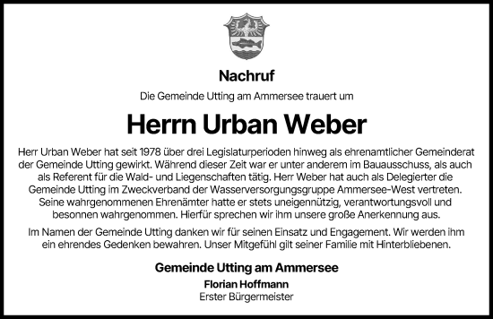 Traueranzeige von Urban Weber von Landsberger Tagblatt