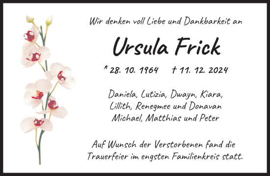 Traueranzeige von Ursula Frick von Augsburger Allgemeine
