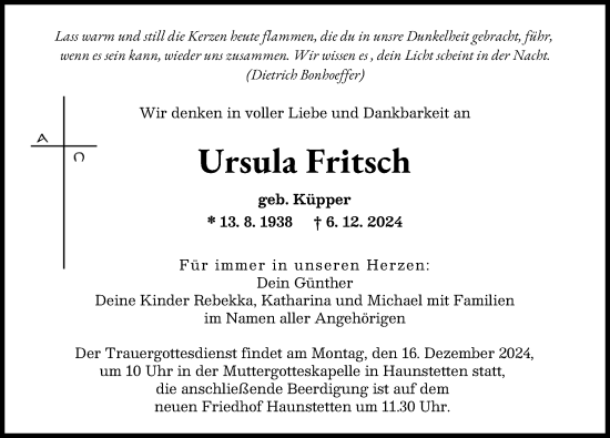 Traueranzeige von Ursula Fritsch von Augsburger Allgemeine