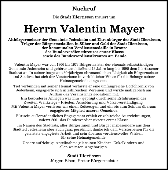 Traueranzeige von Valentin Mayer von Illertisser Zeitung
