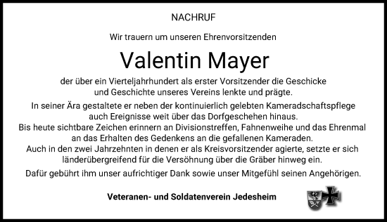 Traueranzeige von Valentin Mayer von Illertisser Zeitung