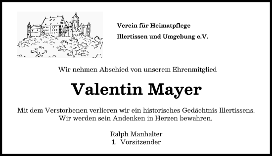 Traueranzeige von Valentin Mayer von Illertisser Zeitung