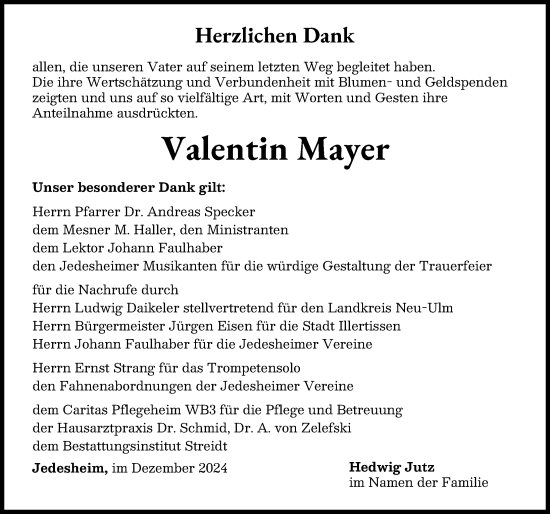 Traueranzeige von Valentin Mayer von Illertisser Zeitung