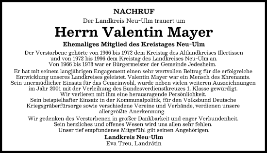 Traueranzeige von Valentin Mayer von Illertisser Zeitung