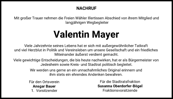 Traueranzeige von Valentin Mayer von Illertisser Zeitung