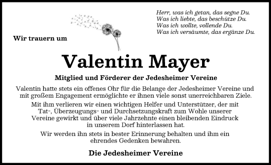 Traueranzeige von Valentin Mayer von Illertisser Zeitung