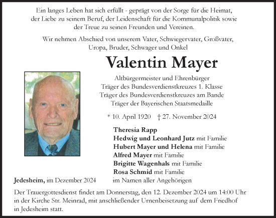 Traueranzeige von Valentin Mayer von Illertisser Zeitung