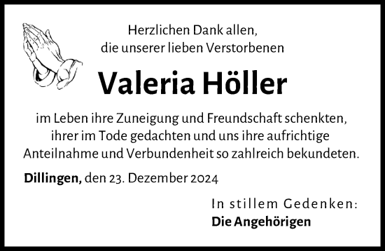 Traueranzeige von Valeria Höller von Donau Zeitung