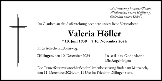 Traueranzeige von Valeria Höller von Donau Zeitung