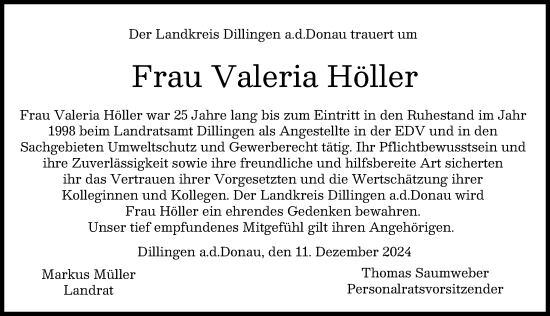Traueranzeige von Valeria Höller von Donau Zeitung