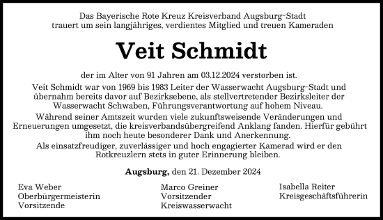 Traueranzeige von Veit Schmidt von Augsburger Allgemeine