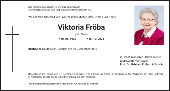 Traueranzeige von Viktoria Fröba von Mindelheimer Zeitung