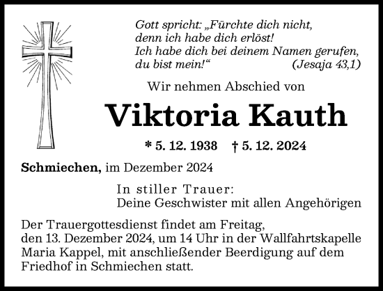Traueranzeige von Viktoria Kauth von Friedberger Allgemeine