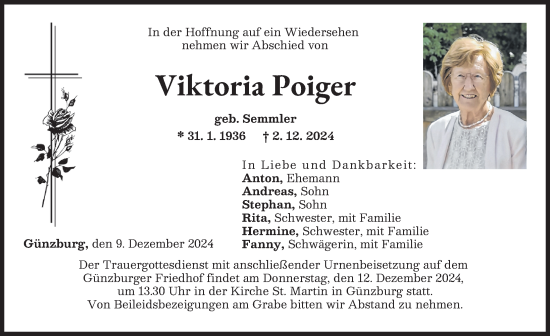 Traueranzeige von Viktoria Poiger von Günzburger Zeitung