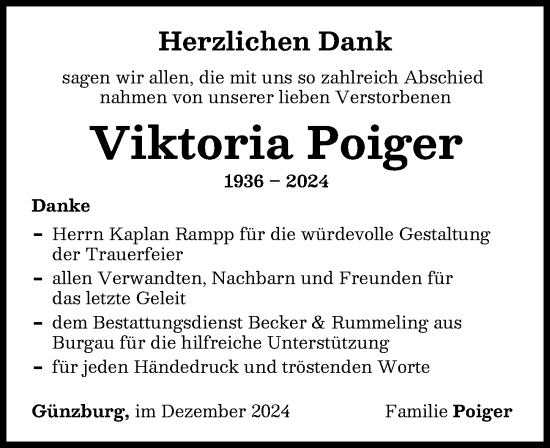 Traueranzeige von Viktoria Poiger von Günzburger Zeitung