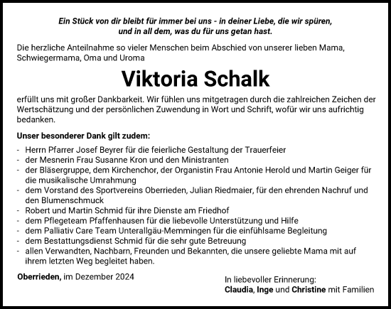 Traueranzeige von Viktoria Schalk von Mindelheimer Zeitung