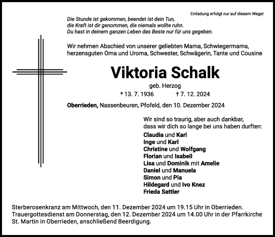 Traueranzeige von Viktoria Schalk von Mindelheimer Zeitung