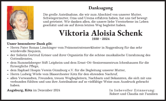 Traueranzeige von Viktoria Aloisia Schenk von Günzburger Zeitung, Augsburger Allgemeine