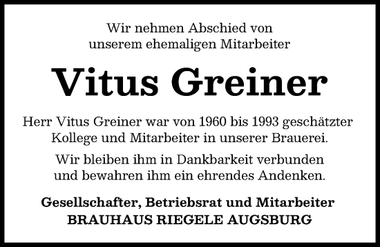 Traueranzeige von Vitus Greiner von Mindelheimer Zeitung