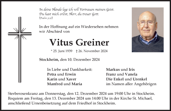 Traueranzeige von Vitus Greiner von Mindelheimer Zeitung