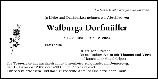 Traueranzeige von Walburga Dorfmüller von Donauwörther Zeitung
