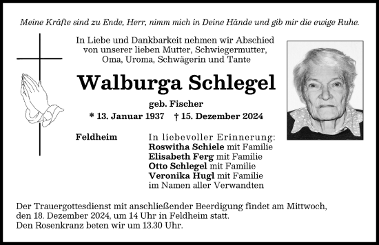 Traueranzeige von Walburga Schlegel von Donauwörther Zeitung
