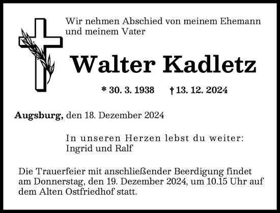 Traueranzeige von Walter Kadletz von Augsburger Allgemeine