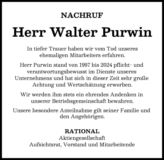 Traueranzeige von Walter Purwin von Landsberger Tagblatt