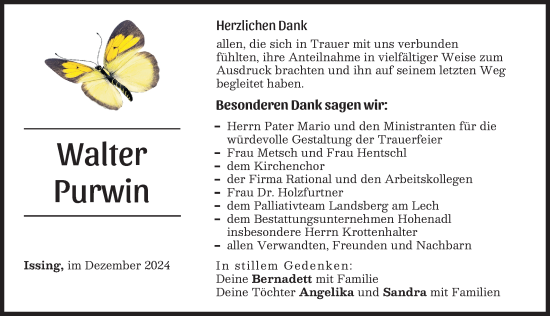 Traueranzeige von Walter Purwin von Landsberger Tagblatt