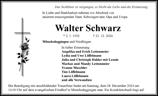 Traueranzeige von Walter Schwarz von Rieser Nachrichten