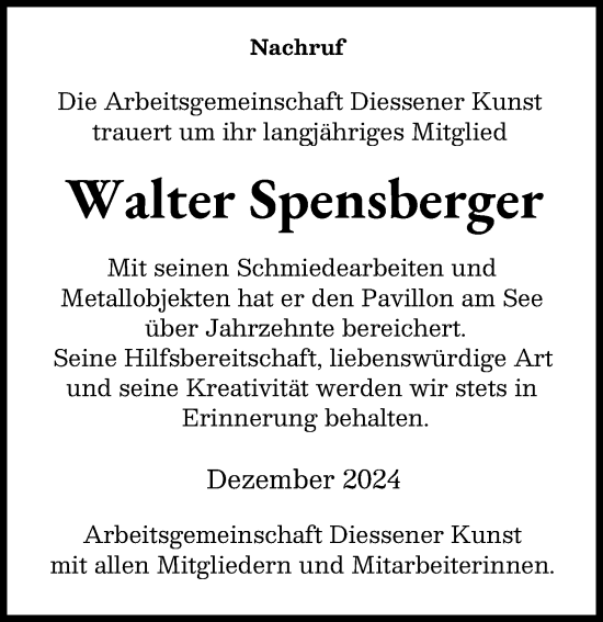 Traueranzeige von Walter Spensberger von Ammersee Kurier