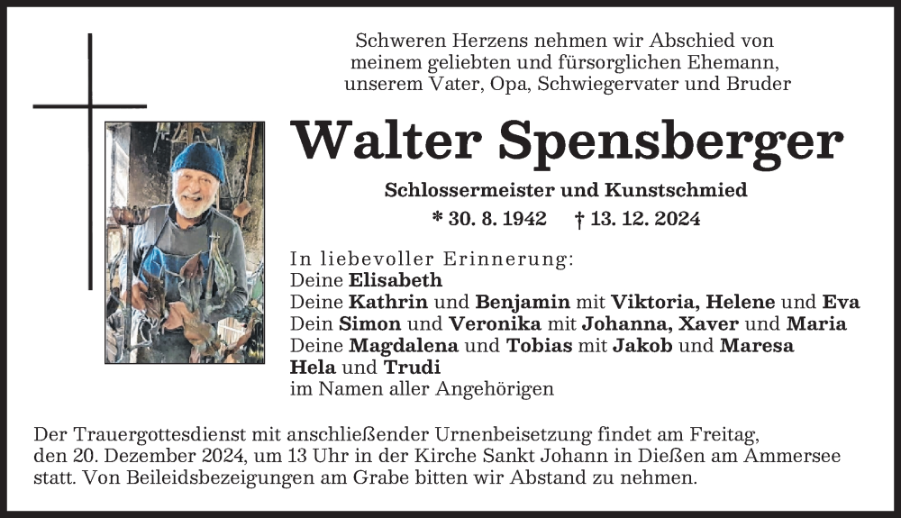  Traueranzeige für Walter Spensberger vom 17.12.2024 aus Ammersee Kurier