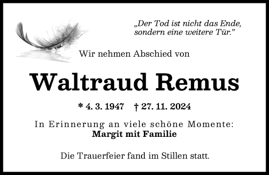 Traueranzeige von Waltraud Remus von Augsburger Allgemeine