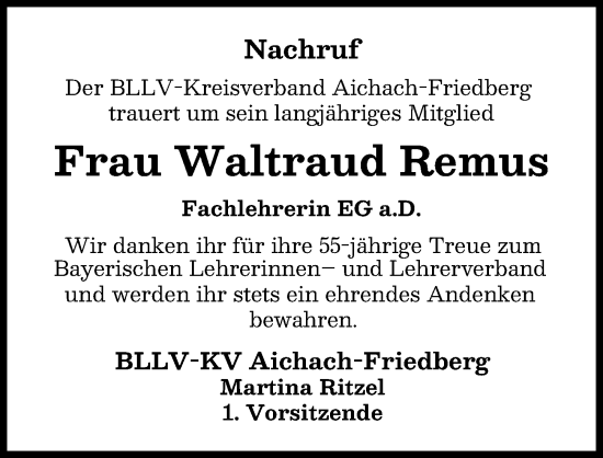Traueranzeige von Waltraud Remus von Aichacher Nachrichten