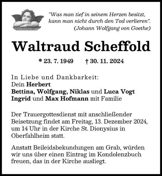 Traueranzeige von Waltraud Scheffold von Neu-Ulmer Zeitung