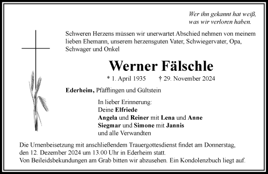 Traueranzeige von Werner Fälschle von Rieser Nachrichten