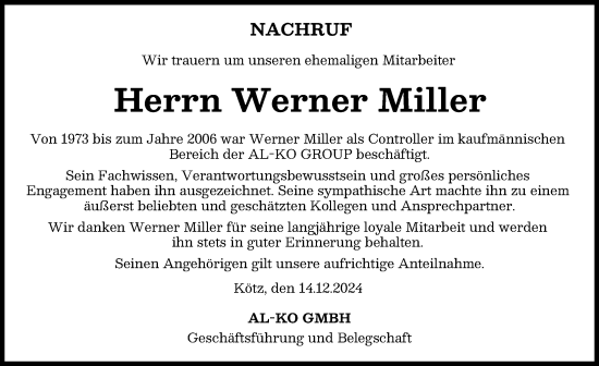Traueranzeige von Werner Miller von Günzburger Zeitung