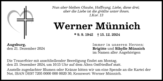 Traueranzeige von Werner Münnich von Augsburger Allgemeine